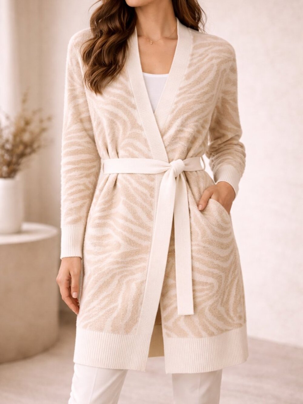 Ted Baker London Zebra Jacquard Tie-Waist Cardigan Sweater Small